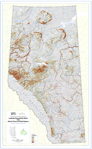 Map 605 showing the landslide susceptibility model of the plains and shield regions in Alberta.
